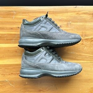 HOGAN Women’s sneakers, mixed dark gray fabrics with platform heel